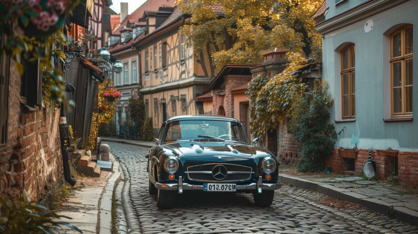 A classic luxury car in a vintage European city street, with cobblestone roads and historic buildings (51)
