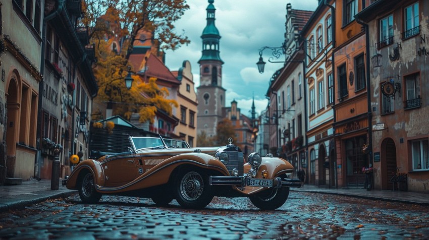 A classic luxury car in a vintage European city street, with cobblestone roads and historic buildings (67)