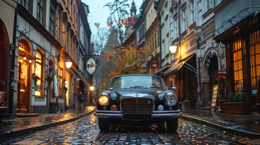 A classic luxury car in a vintage European city street, with cobblestone roads and historic buildings (53)