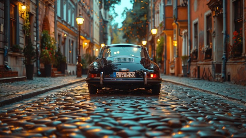 A classic luxury car in a vintage European city street, with cobblestone roads and historic buildings (56)