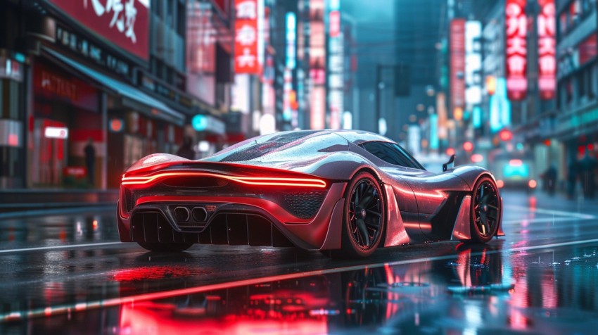 A futuristic car on a high tech neon lit street in a bustling cityscape Aesthetic (35)