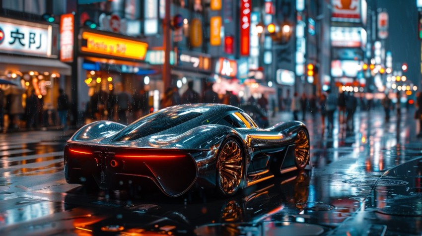 A futuristic car on a high tech neon lit street in a bustling cityscape Aesthetic (38)