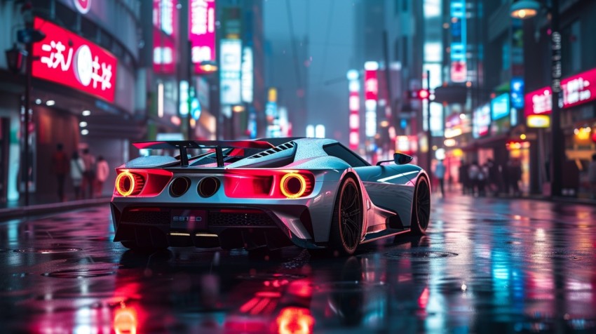 A futuristic car on a high tech neon lit street in a bustling cityscape Aesthetic (100)