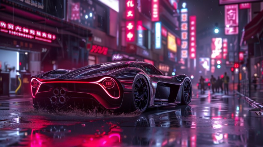 A futuristic car on a high tech neon lit street in a bustling cityscape Aesthetic (59)