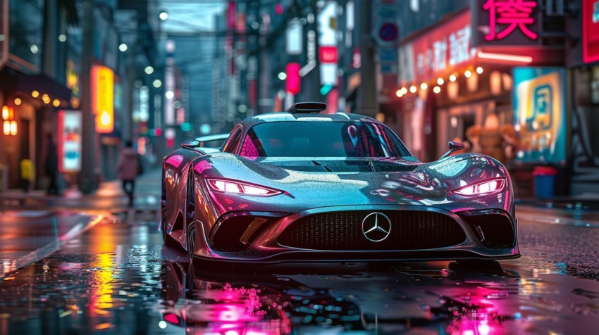 A futuristic car on a high tech neon lit street in a bustling cityscape Aesthetic (98)