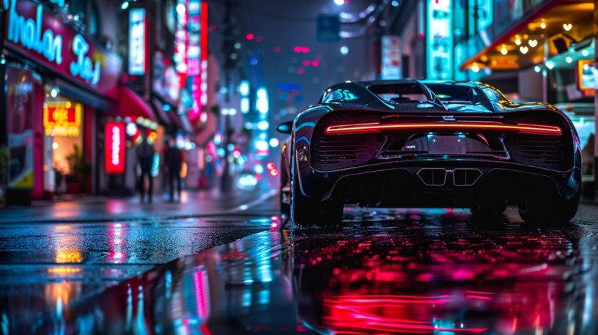 A futuristic car on a high tech neon lit street in a bustling cityscape Aesthetic (60)