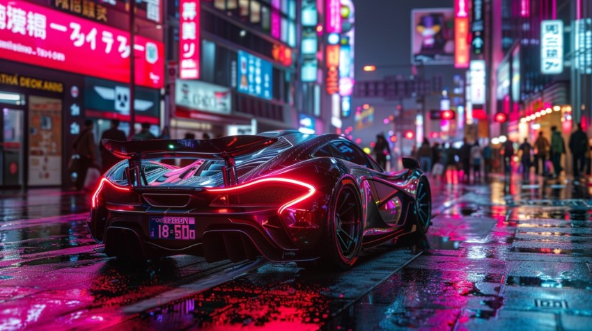 A futuristic car on a high tech neon lit street in a bustling cityscape Aesthetic (90)