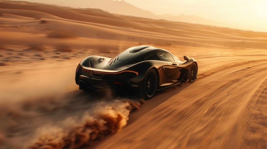 A hypercar in a high speed chase on an empty desert road, with dust clouds trailing behind ,car wallpaper,Aesthetic (28)