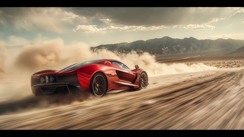 A hypercar in a high speed chase on an empty desert road, with dust clouds trailing behind ,car wallpaper,Aesthetic (9)