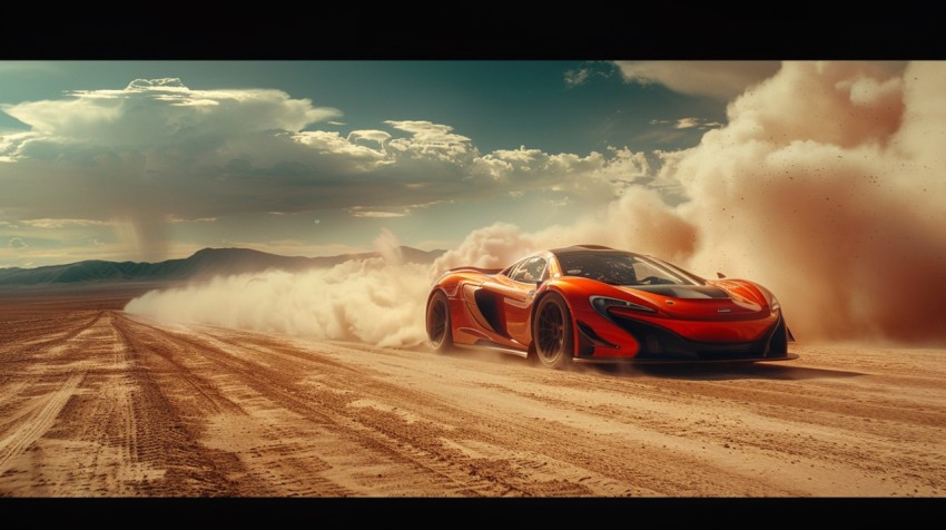 A hypercar in a high speed chase on an empty desert road, with dust clouds trailing behind ,car wallpaper,Aesthetic (27)