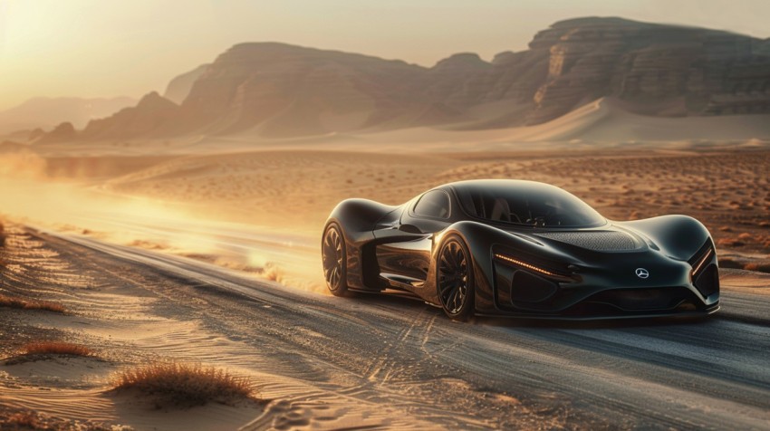 A hypercar in a high speed chase on an empty desert road, with dust clouds trailing behind ,car wallpaper,Aesthetic (4)