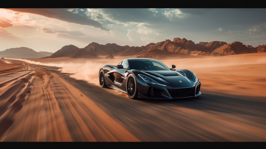 A hypercar in a high speed chase on an empty desert road, with dust clouds trailing behind ,car wallpaper,Aesthetic (42)