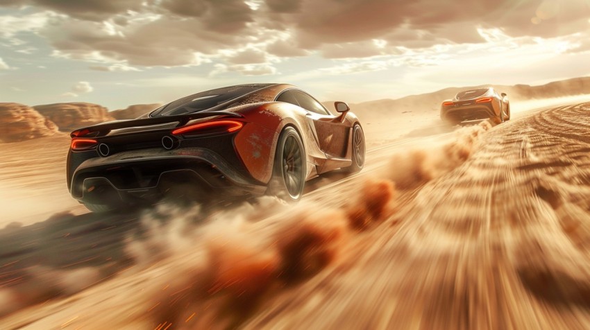 A hypercar in a high speed chase on an empty desert road, with dust clouds trailing behind ,car wallpaper,Aesthetic (37)