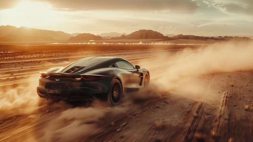 A hypercar in a high speed chase on an empty desert road, with dust clouds trailing behind ,car wallpaper,Aesthetic (36)
