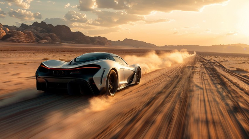 A hypercar in a high speed chase on an empty desert road, with dust clouds trailing behind ,car wallpaper,Aesthetic (70)