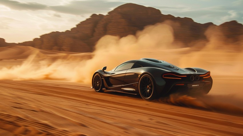 A hypercar in a high speed chase on an empty desert road, with dust clouds trailing behind ,car wallpaper,Aesthetic (146)