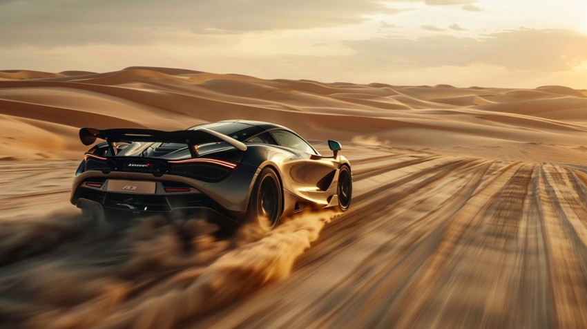 A hypercar in a high speed chase on an empty desert road, with dust clouds trailing behind ,car wallpaper,Aesthetic (129)