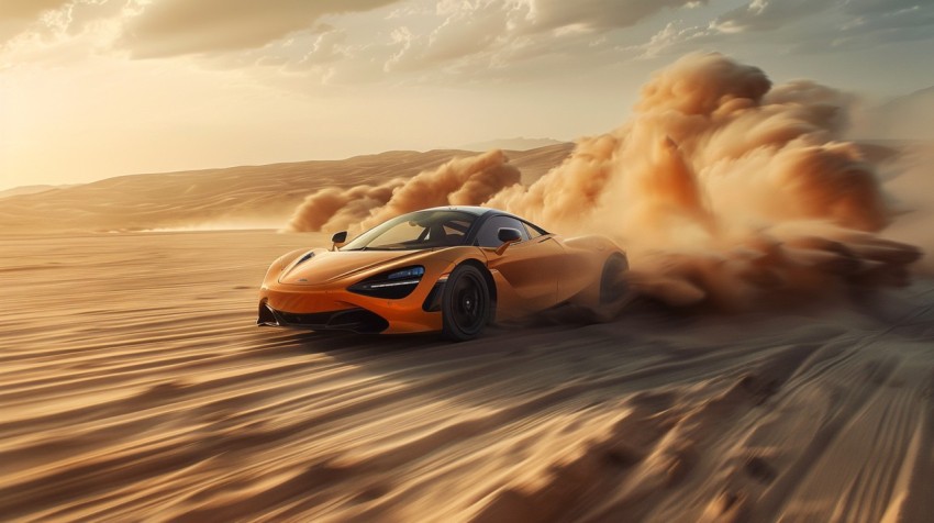 A hypercar in a high speed chase on an empty desert road, with dust clouds trailing behind ,car wallpaper,Aesthetic (117)