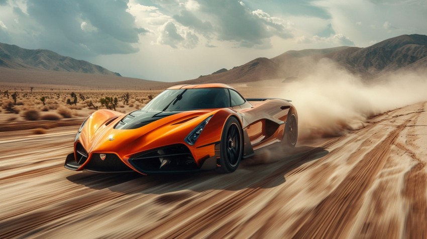 A hypercar in a high speed chase on an empty desert road, with dust clouds trailing behind ,car wallpaper,Aesthetic (119)