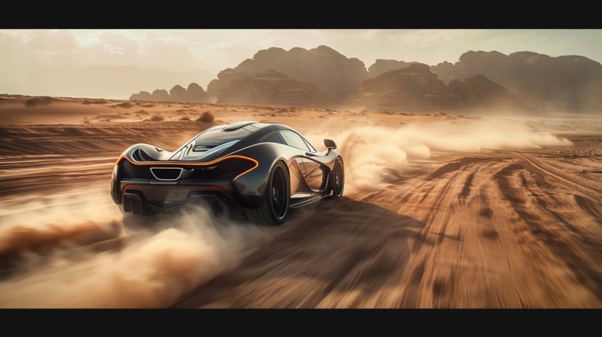 A hypercar in a high speed chase on an empty desert road, with dust clouds trailing behind ,car wallpaper,Aesthetic (151)