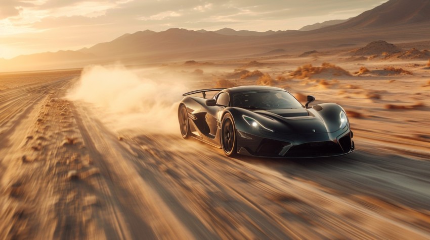 A hypercar in a high speed chase on an empty desert road, with dust clouds trailing behind ,car wallpaper,Aesthetic (159)