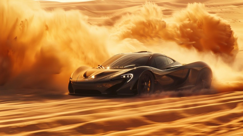 A hypercar in a high speed chase on an empty desert road, with dust clouds trailing behind ,car wallpaper,Aesthetic (169)