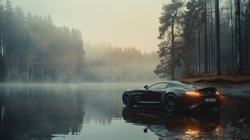 A luxurious car parked by a serene lakeside, with mist rising from the water in the early morning ,car wallpaper (38)