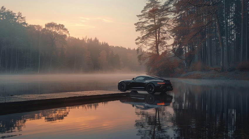 A luxurious car parked by a serene lakeside, with mist rising from the water in the early morning ,car wallpaper (24)