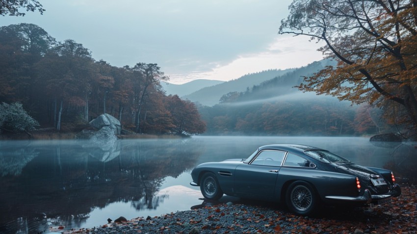 A luxurious car parked by a serene lakeside, with mist rising from the water in the early morning ,car wallpaper (41)