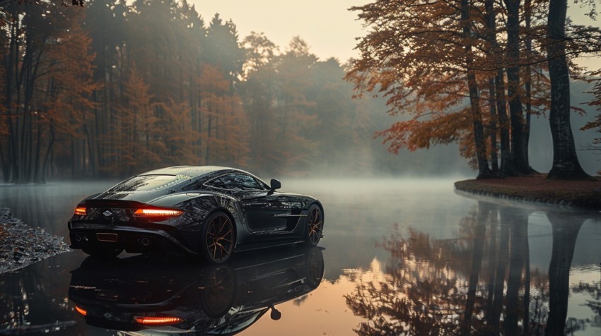 A luxurious car parked by a serene lakeside, with mist rising from the water in the early morning ,car wallpaper (5)