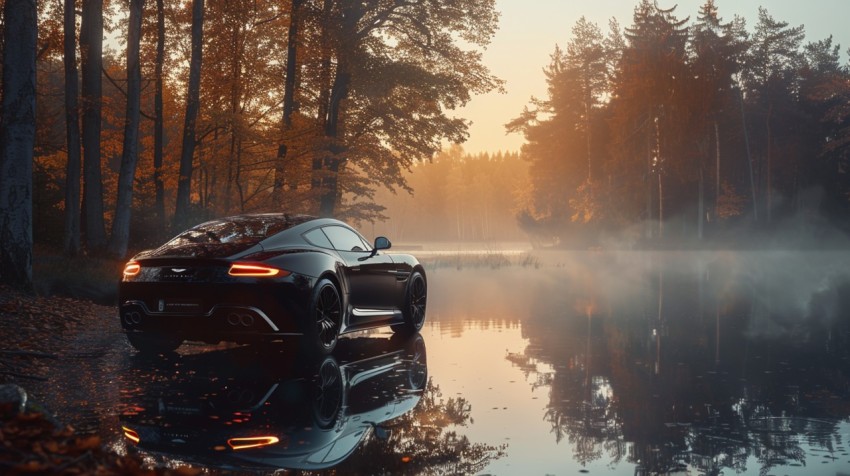A luxurious car parked by a serene lakeside, with mist rising from the water in the early morning ,car wallpaper (4)