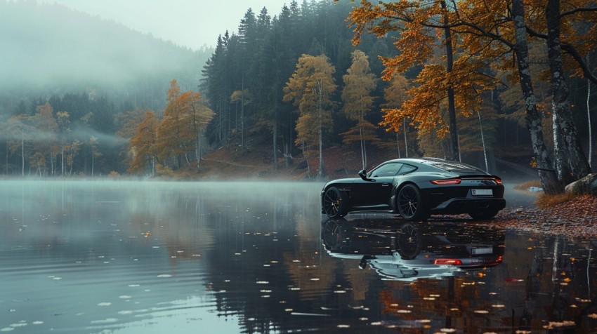 A luxurious car parked by a serene lakeside, with mist rising from the water in the early morning ,car wallpaper (17)