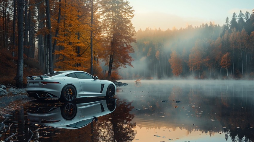 A luxurious car parked by a serene lakeside, with mist rising from the water in the early morning ,car wallpaper (6)