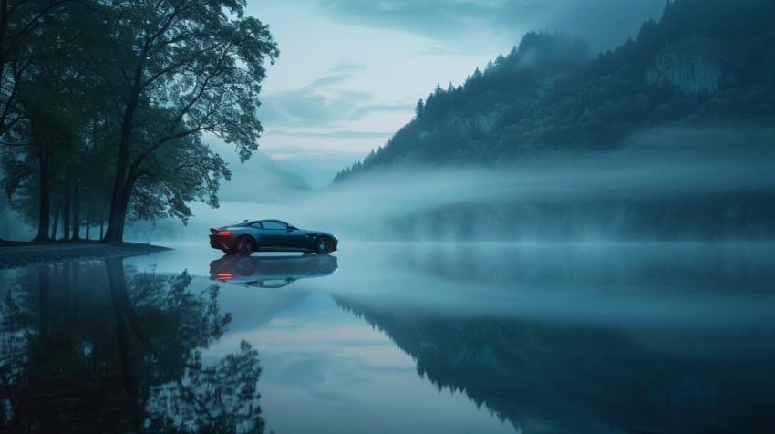 A luxurious car parked by a serene lakeside, with mist rising from the water in the early morning ,car wallpaper (55)