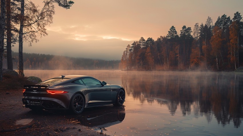 A luxurious car parked by a serene lakeside, with mist rising from the water in the early morning ,car wallpaper (70)