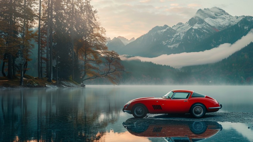 A luxurious car parked by a serene lakeside, with mist rising from the water in the early morning ,car wallpaper (57)