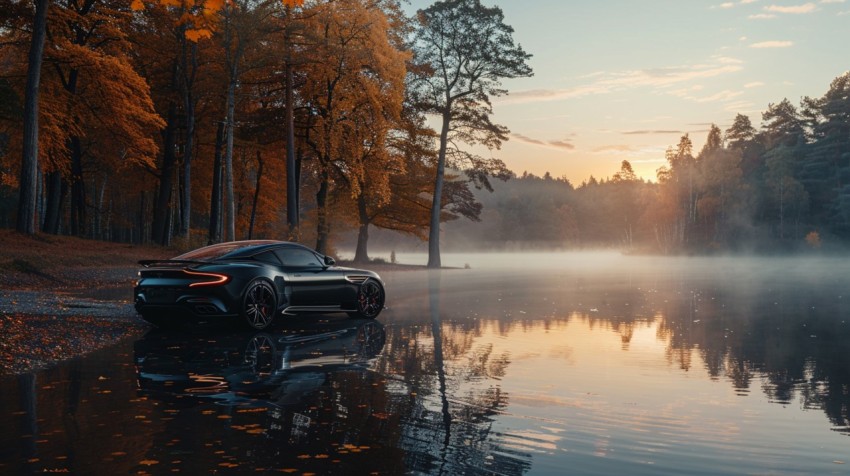 A luxurious car parked by a serene lakeside, with mist rising from the water in the early morning ,car wallpaper (63)