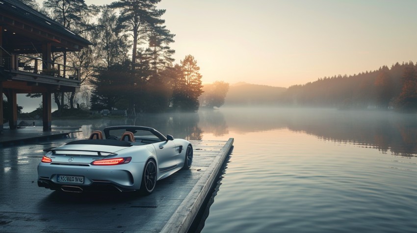 A luxurious car parked by a serene lakeside, with mist rising from the water in the early morning ,car wallpaper (138)