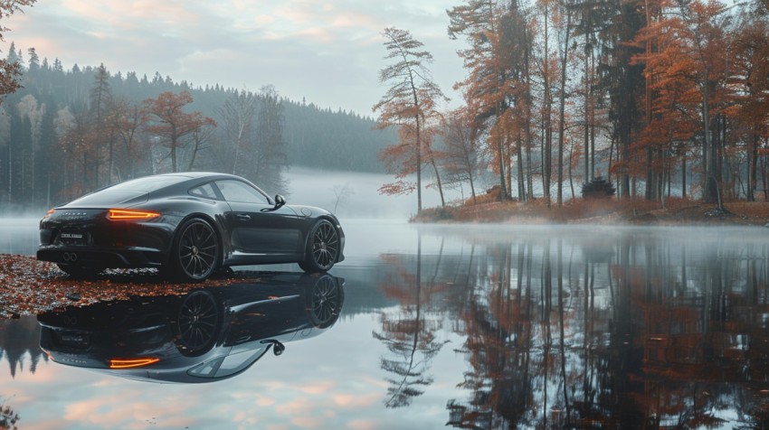 A luxurious car parked by a serene lakeside, with mist rising from the water in the early morning ,car wallpaper (119)
