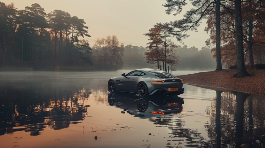 A luxurious car parked by a serene lakeside, with mist rising from the water in the early morning ,car wallpaper (115)