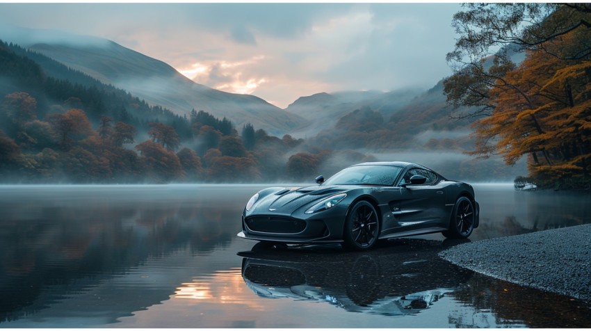 A luxurious car parked by a serene lakeside, with mist rising from the water in the early morning ,car wallpaper (105)