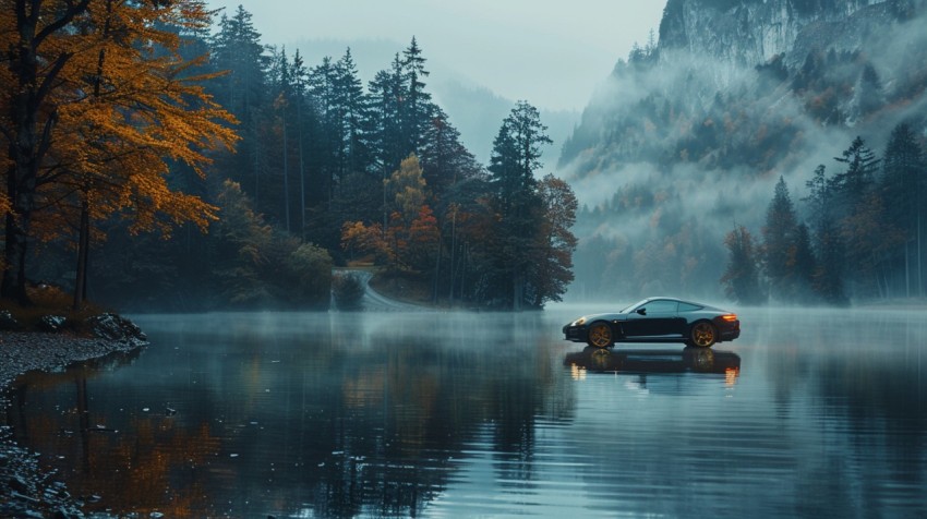 A luxurious car parked by a serene lakeside, with mist rising from the water in the early morning ,car wallpaper (104)