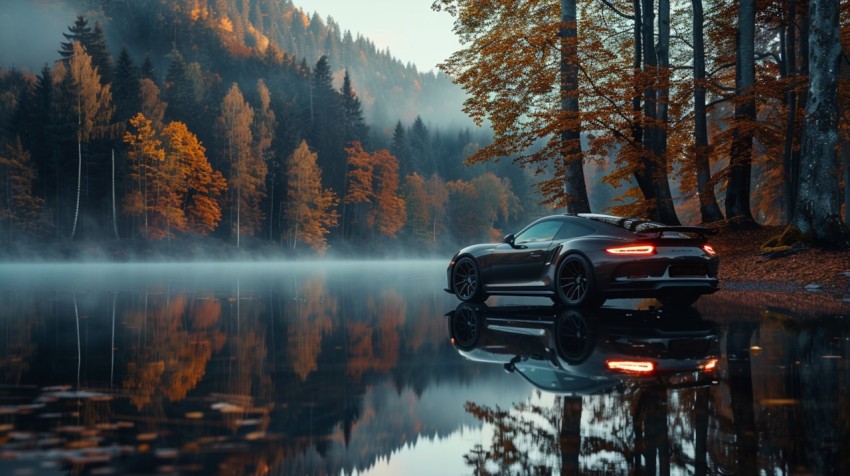 A luxurious car parked by a serene lakeside, with mist rising from the water in the early morning ,car wallpaper (125)