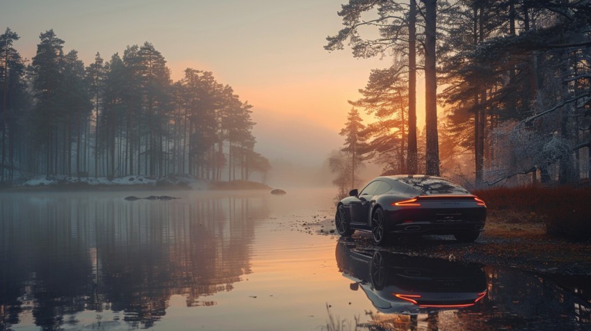 A luxurious car parked by a serene lakeside, with mist rising from the water in the early morning ,car wallpaper (155)
