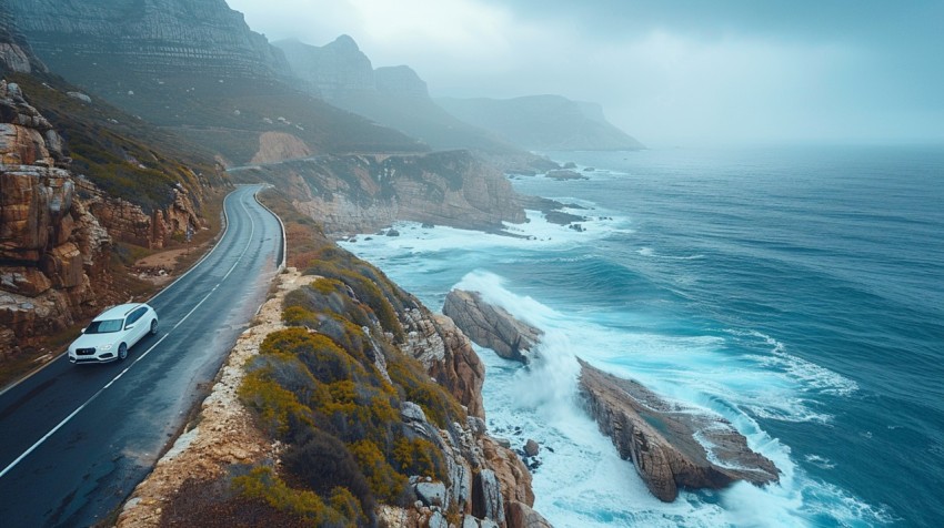 A luxury car driving along a cliffside road, with the ocean waves crashing against the rocks below (25)