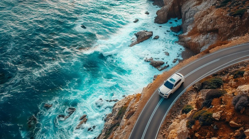 A luxury car driving along a cliffside road, with the ocean waves crashing against the rocks below (22)