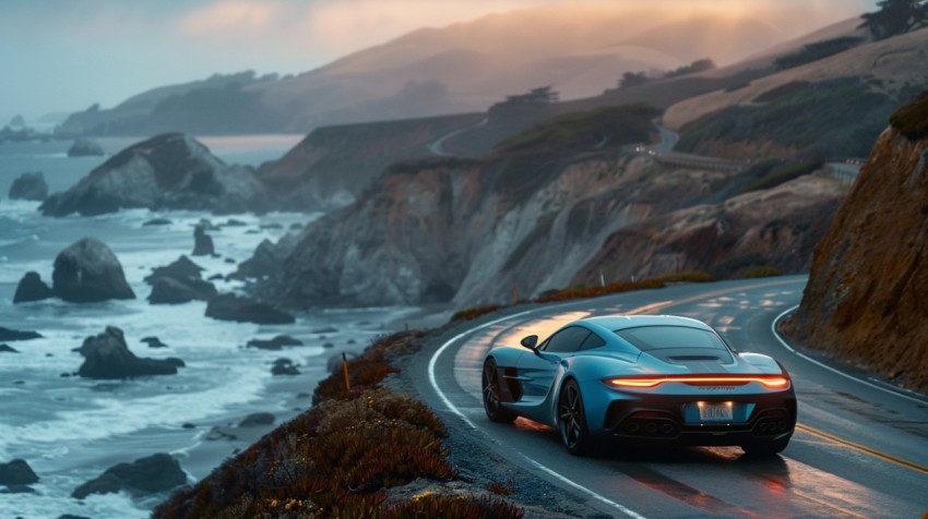 A luxury car driving along a cliffside road, with the ocean waves crashing against the rocks below (47)