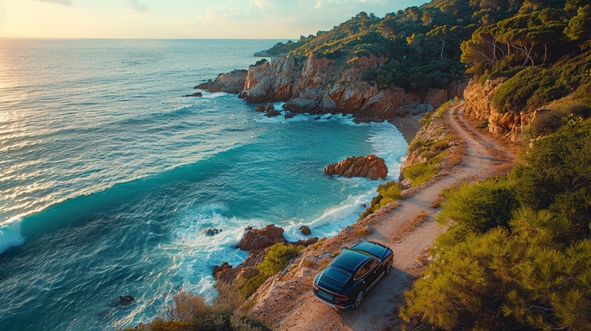 A luxury car driving along a cliffside road, with the ocean waves crashing against the rocks below (38)