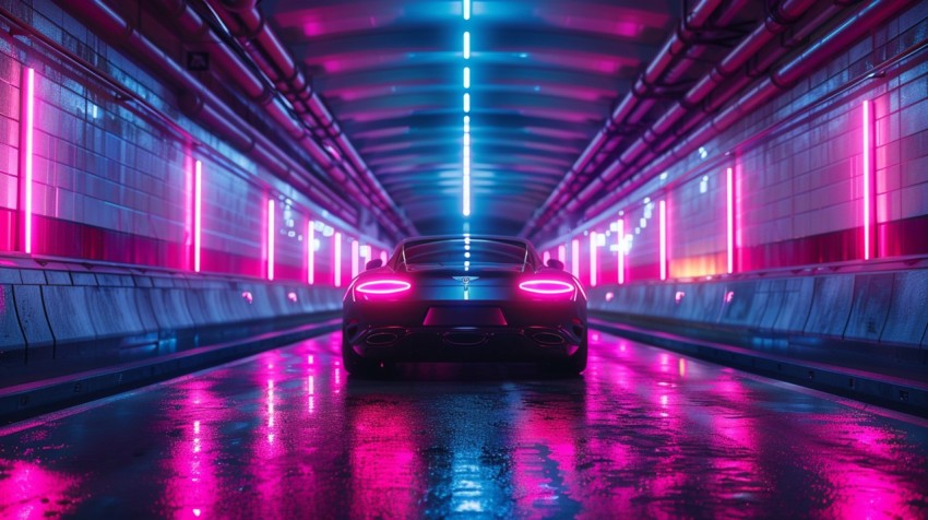 A luxury car driving through a tunnel illuminated by colorful LED lights Aesthetics (36)
