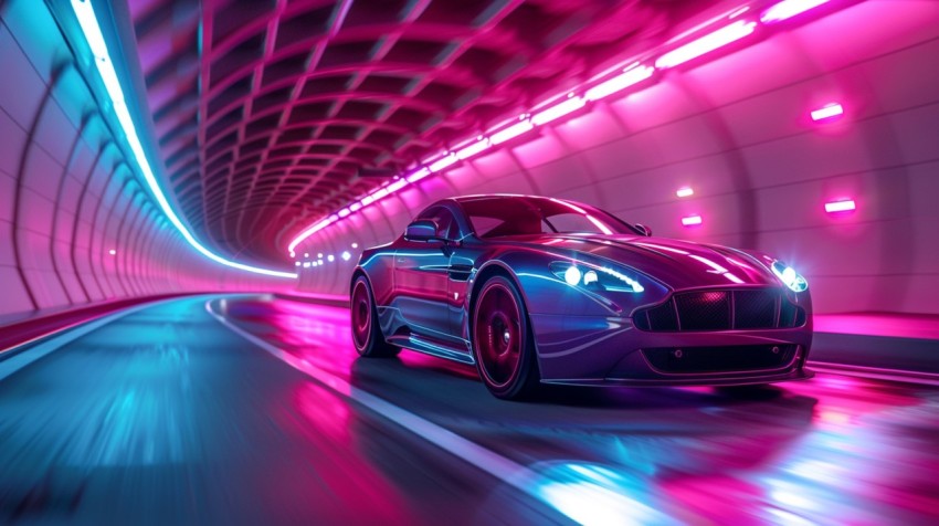 A luxury car driving through a tunnel illuminated by colorful LED lights Aesthetics (88)